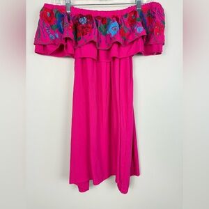 Umgee Tunic Top Womens Medium Pink Off-Shoulder Shirt Floral Embroidery Boho